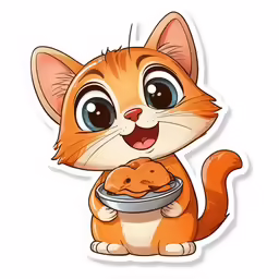 a cat holding a bowl full of food