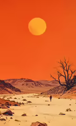 person on the desert walking past a tree under an orange sky