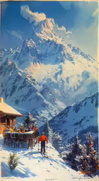 there is a painting that shows people outside of a mountain,a painting depicting skiers on a snow covered mountain slope
