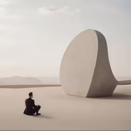 a person sits on the ground near an odd shaped object