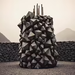 a sculpture sitting on top of cement wall
