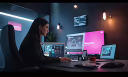 a woman sitting at a desk using a laptop computer