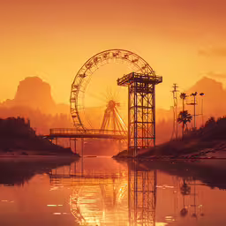 ferris wheel at dusk reflected in calm water,a ferris wheel on the water with sun behind it
