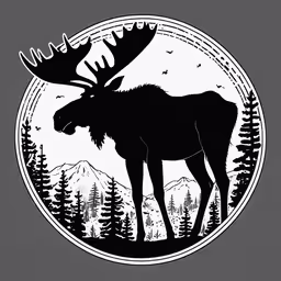 moose icon with mountain background inside circle,a moose with horns standing in front of mountains