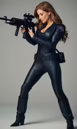 an attractive woman in a leather costume holding a gun
