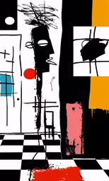 a painting with a black and white geometric background