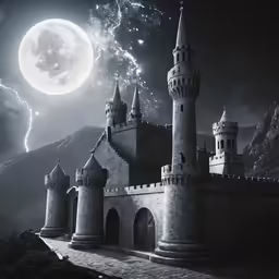 castle and the full moon are seen