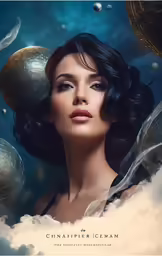 a woman with large cleavage is surrounded by balls and bubbles