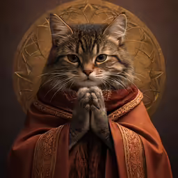 a cat is wearing red robes and praying