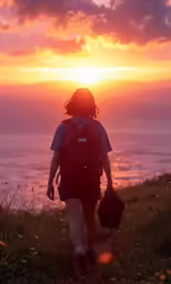the sun sets on a colorful day with the person walking up hill