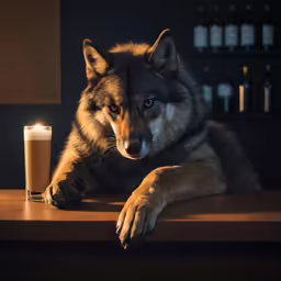 a lone wolf lying on a table with a drink beside it