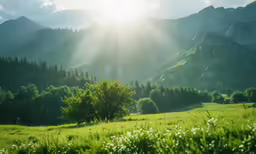 the sun shines down on the mountains in this field