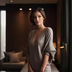 a woman in a brown shirt standing by a large window