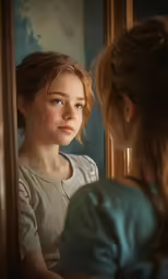 a woman looks at herself in the mirror