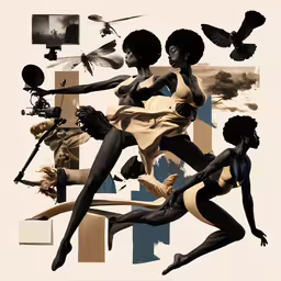 collage of two woman in black and white with multiple different items,a collage of black and white art depicting an african american woman