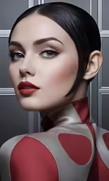 a woman with red lipstick is wearing grey and silver