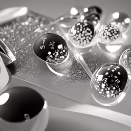 an assortment of glass spheres sitting on top of a table