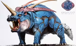 a very odd blue creature with big horns