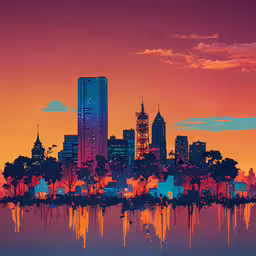 a colorful cityscape is displayed against the dark sky,the skyline of an area with tall buildings