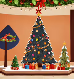 decorated christmas trees sit in a circular room,an animated christmas tree with many presents under the tree