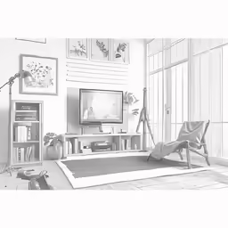 a living room with a television and shelves