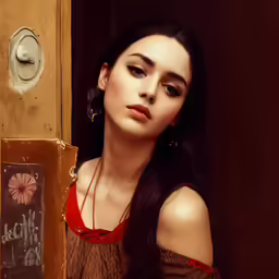 a young woman in red is posing near a doorway