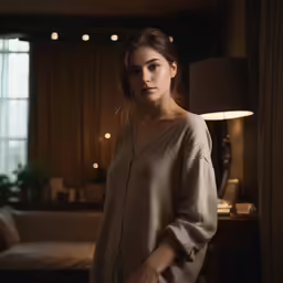 a beautiful young woman standing in a darkened room