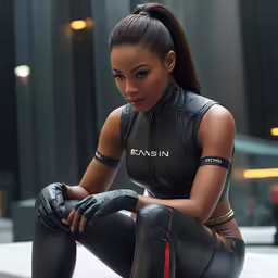 a model with tight black clothing crouching on the ground