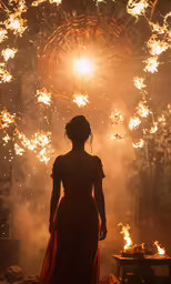 silhouette of woman wearing evening gown standing in front of a background of fire