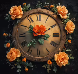 an old clock surrounded by many yellow roses and green leaves