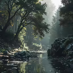 a river runs through a forest in the daytime