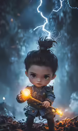 an animated baby with an eye on a toy, holding a glowing toy