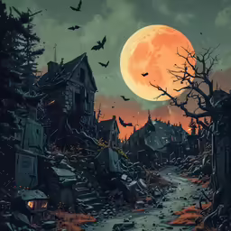halloween scene with red moon over a city