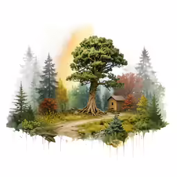 a painting with trees and a house next to it