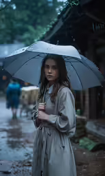 a woman in a trenchcoat is standing under an umbrella in the rain
