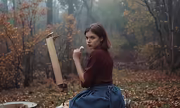 a woman holding a large bat in the forest