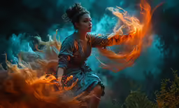 a woman holding a fire wand in her hand