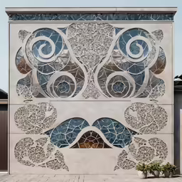 an artisticly designed building that has been painted to look like something