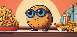 an illustration of a cartoon fried potato wearing goggles near a plate of potato chips,a cartoon potato sitting next to a bowl of fries