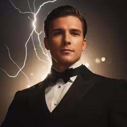 a man in a tuxedo in front of a lightening bolt