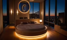 this is a bed with lights around it