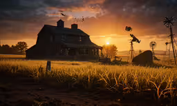 an old farm in the middle of a grassy field,farm house with windmills and corn field under sunset
