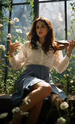 a girl in a white shirt and a skirt sitting on the ground