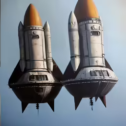 two silver and orange space shuttles floating in the sky
