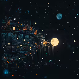 a picture of a night in the city with lights and lanterns