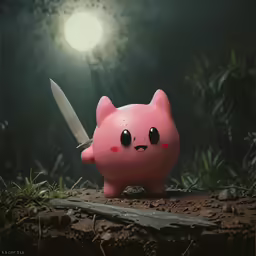 a toy pig sitting on a surface with a knife in it