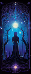 a woman in the distance, in front of an arch and sky filled with stars,a woman sitting at the entrance to the forest, with her back to the viewer