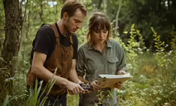 two people in the woods looking at papers
