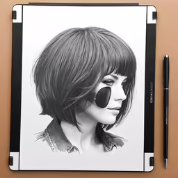 a pen and ink drawing of a woman wearing sunglasses