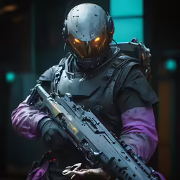 the character is dressed in a futuristic space suit and holding a rifle